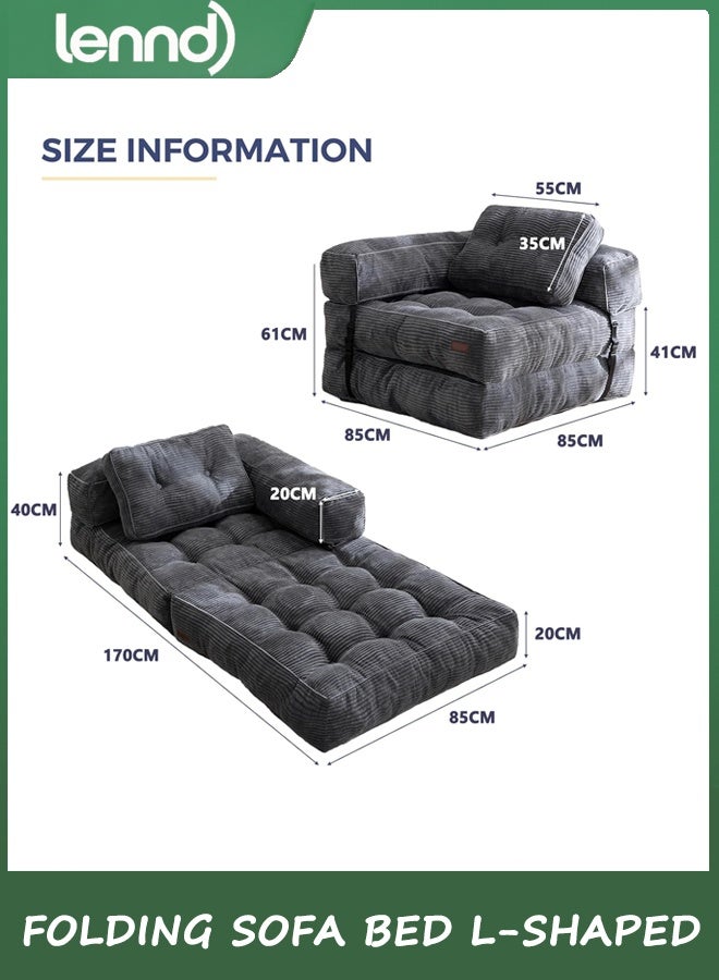 LENND Folding Sofa Bed, L-Shaped Convertible Sofa Bed with Armrest Foldable Sleeper Sofa with Pillow, Portable Fold Out Chair Bed Comfy Floor Lounge for Living Room Bedroom, Dark Grey - Image 2